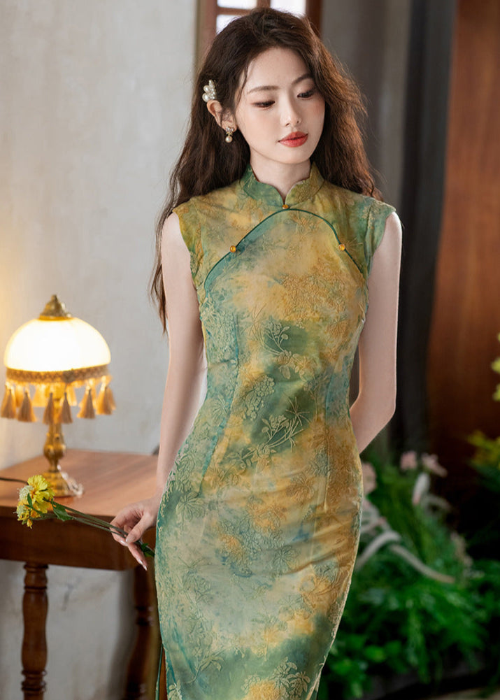 Vintage Yellow & Green Gradient Qipao Long Slim Dress