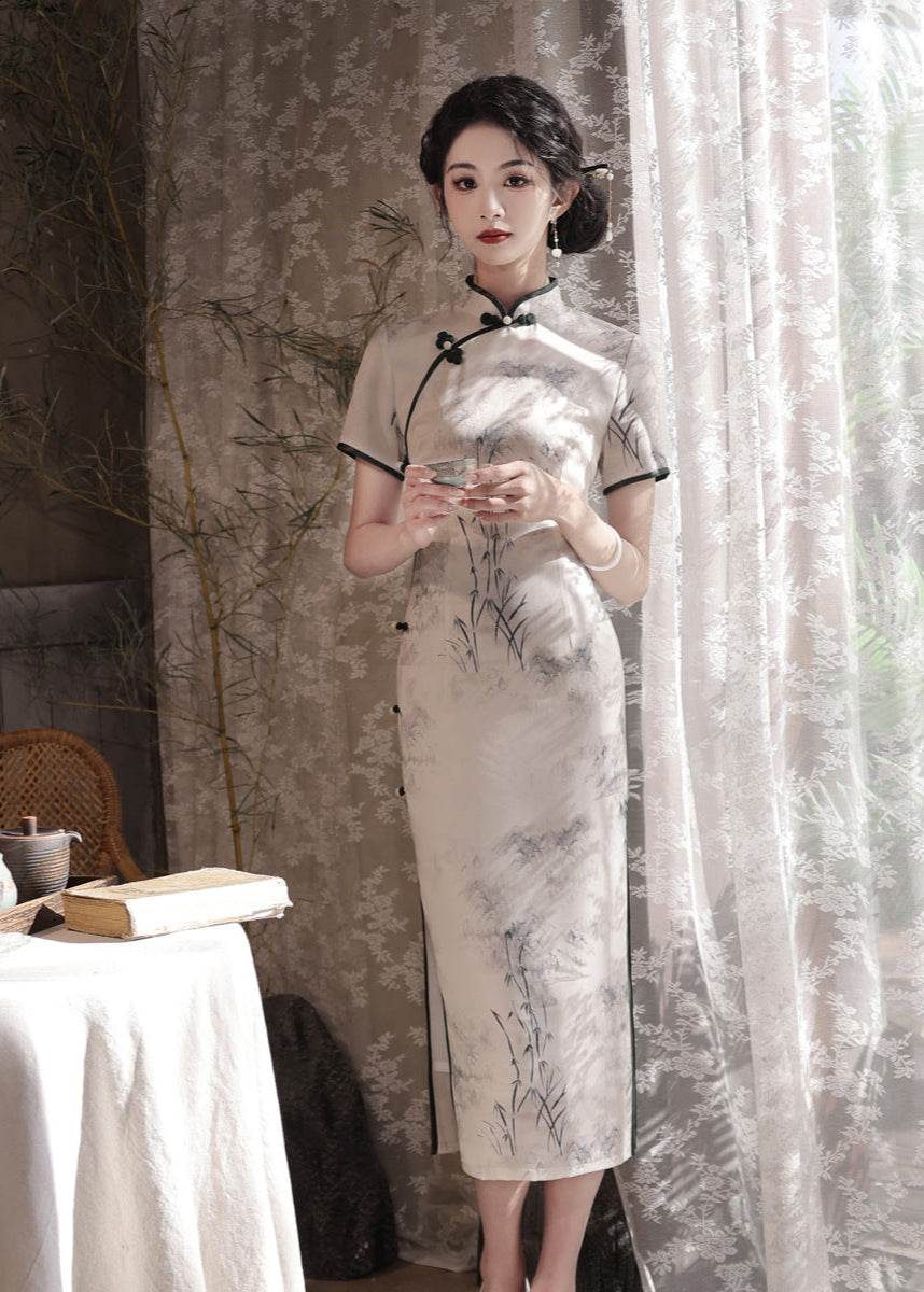 Slim Long Modern Cheongsam Dress | Mandarin Collar & Ink Landscape & Side Slit