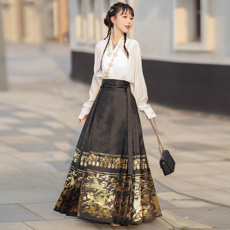 Elegant Black Hanfu Skirt with Golden Embroidery – Traditional Chinese Attire
