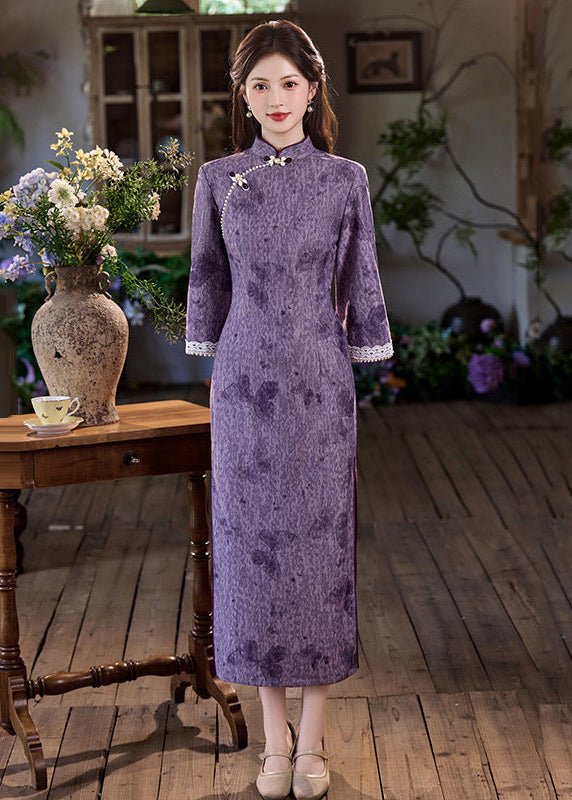 Purple Vintage Jacquard Qipao | Slim Mandarin Maxi
