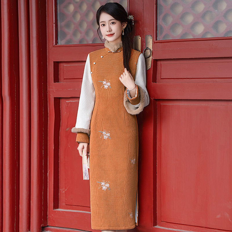 Vintage Embroidered Cheongsam Dress Elegant Hanfu Style Winter Qipao