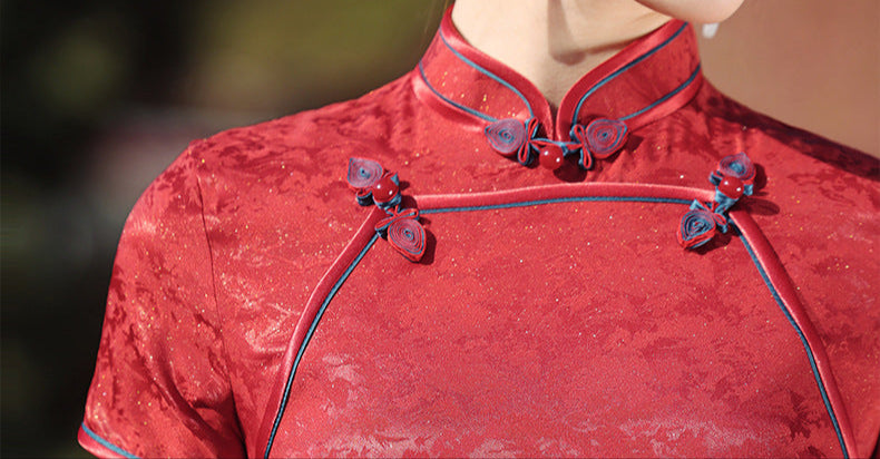 Spring Vintage Jacquard Qipao | Chinese Slim Elegant Short Sleeve Dress