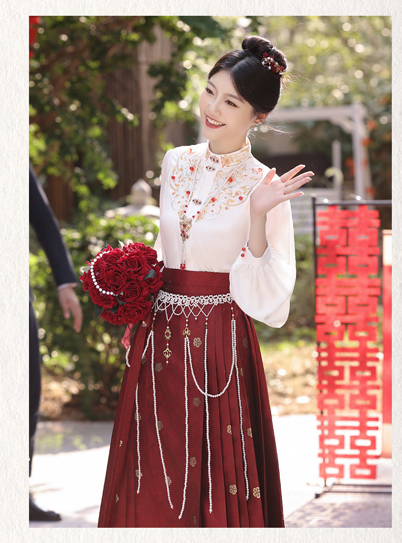 Winter Bridal Embroidered Hanfu Set | Wedding Mamianqun Set with Waist Chain