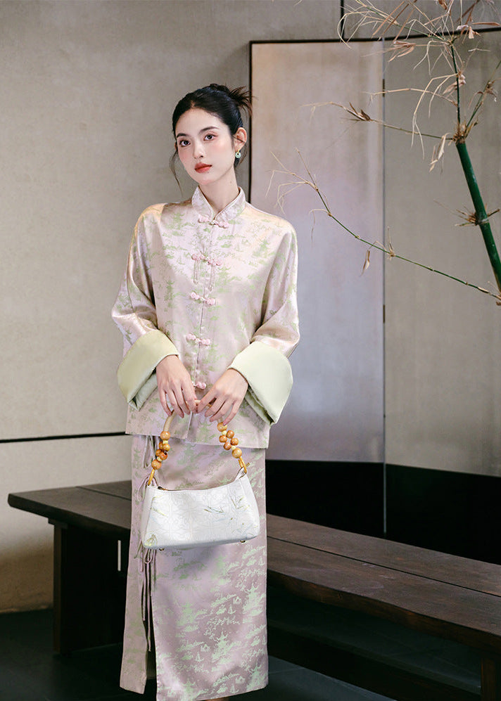 New-Chinese Zen Set | Mandarin Top & Slit Skirt Qipao Co-ord