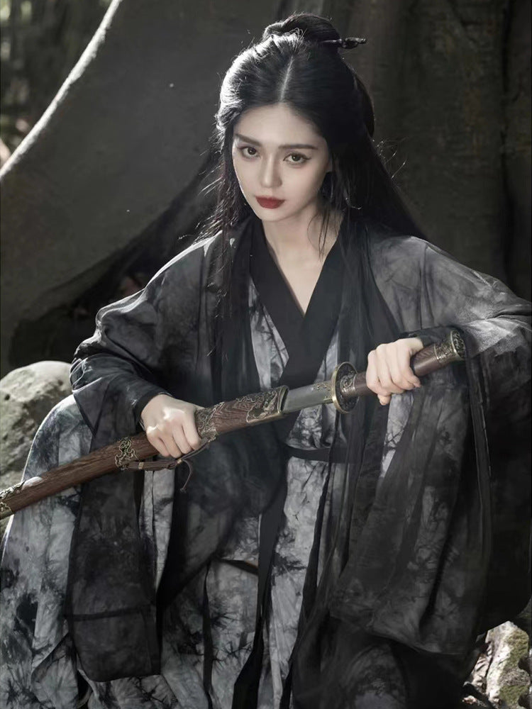 Black Ink Hanfu Robe Set Women’s Wuxia Style Ancient Costume With Flowing Sleeves