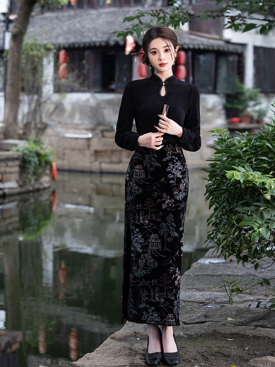 Winter New-Chinese Black Bodycon Dress