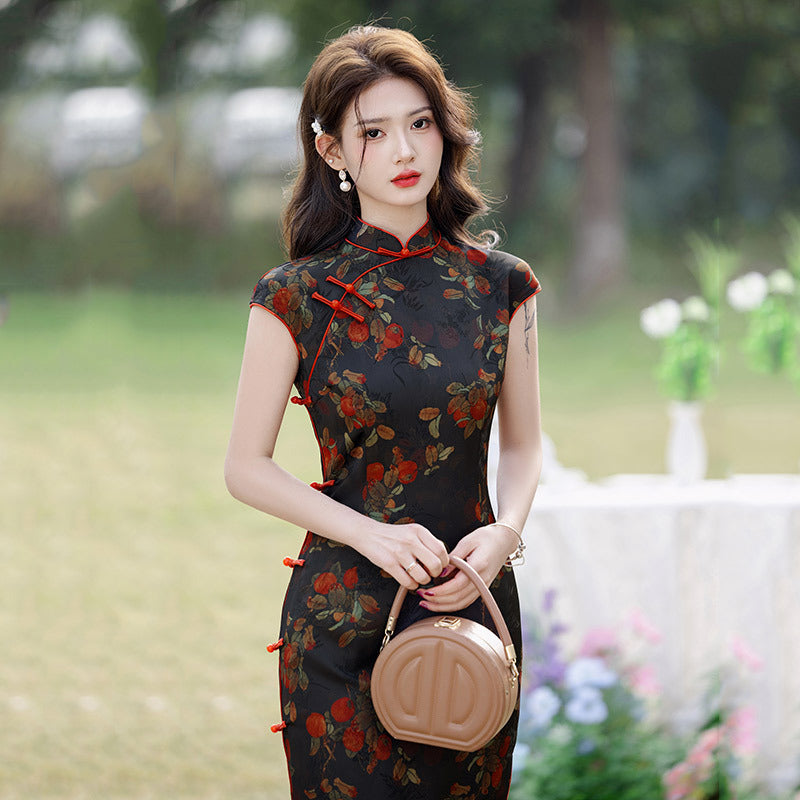 Elegant Floral Cheongsam Dress with Classic Mandarin Collar & Red Knot Details