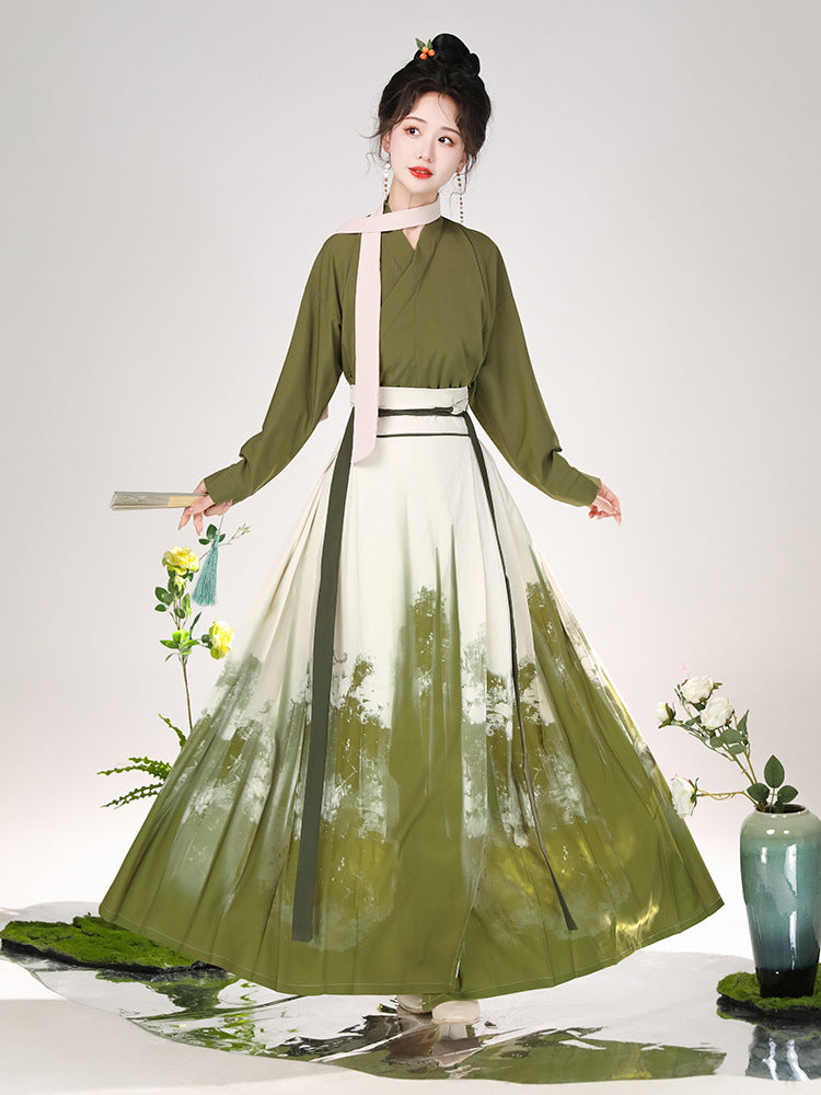 Traditional Chinese Hanfu Dress in Olive Green with Hand-Painted Floral Design