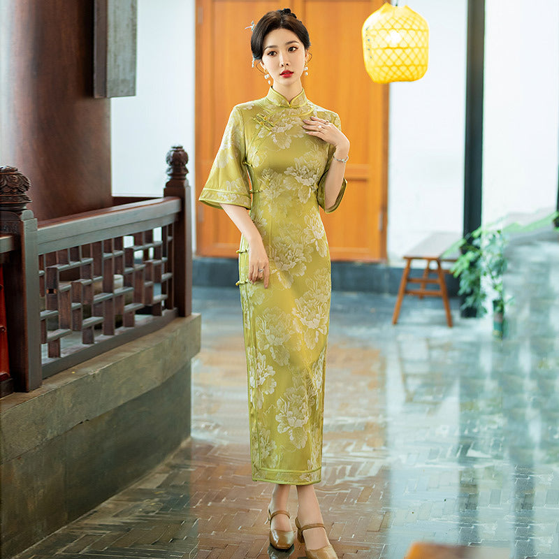 Vintage Jacquard Qipao Chinese Slim Hanfu Dress | Elegant Banquet Gown