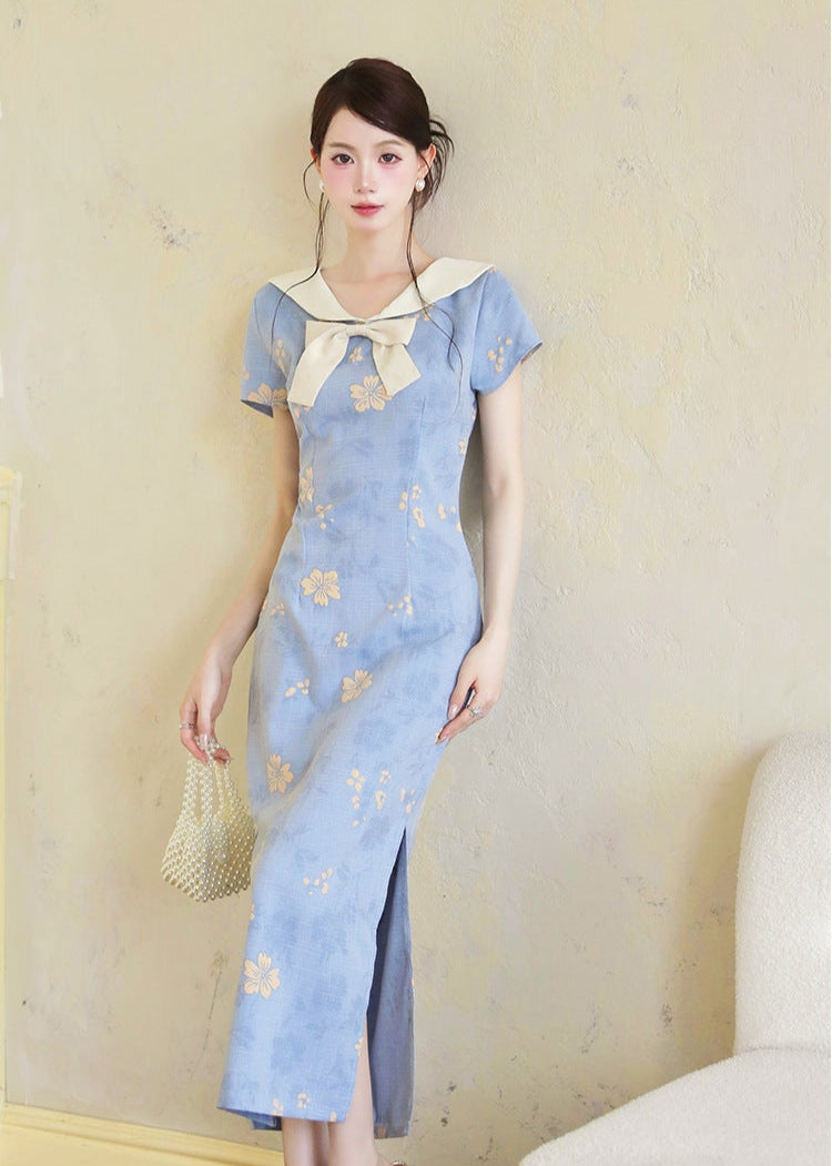 Blue Sailor Bow Qipao Dress | Slim Side-Slit, Retro Chic
