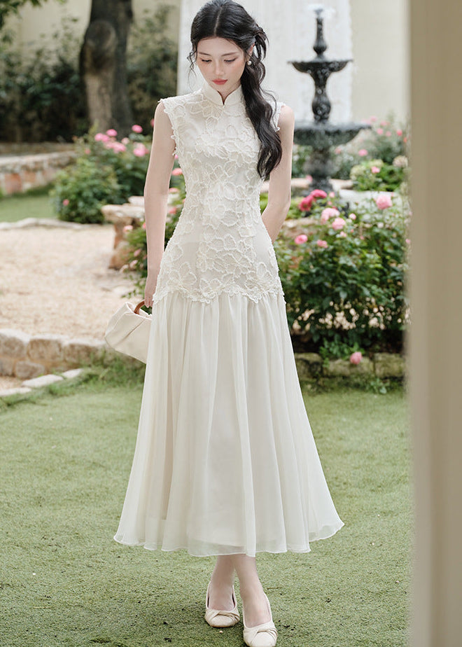 Lace Qipao Gown | Sleeveless White Mandarin Maxi Dress