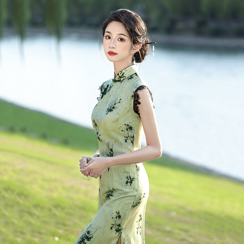 Elegant Vintage Sleeveless Cheongsam Dress – Floral Print Hanfu Qipao Gown