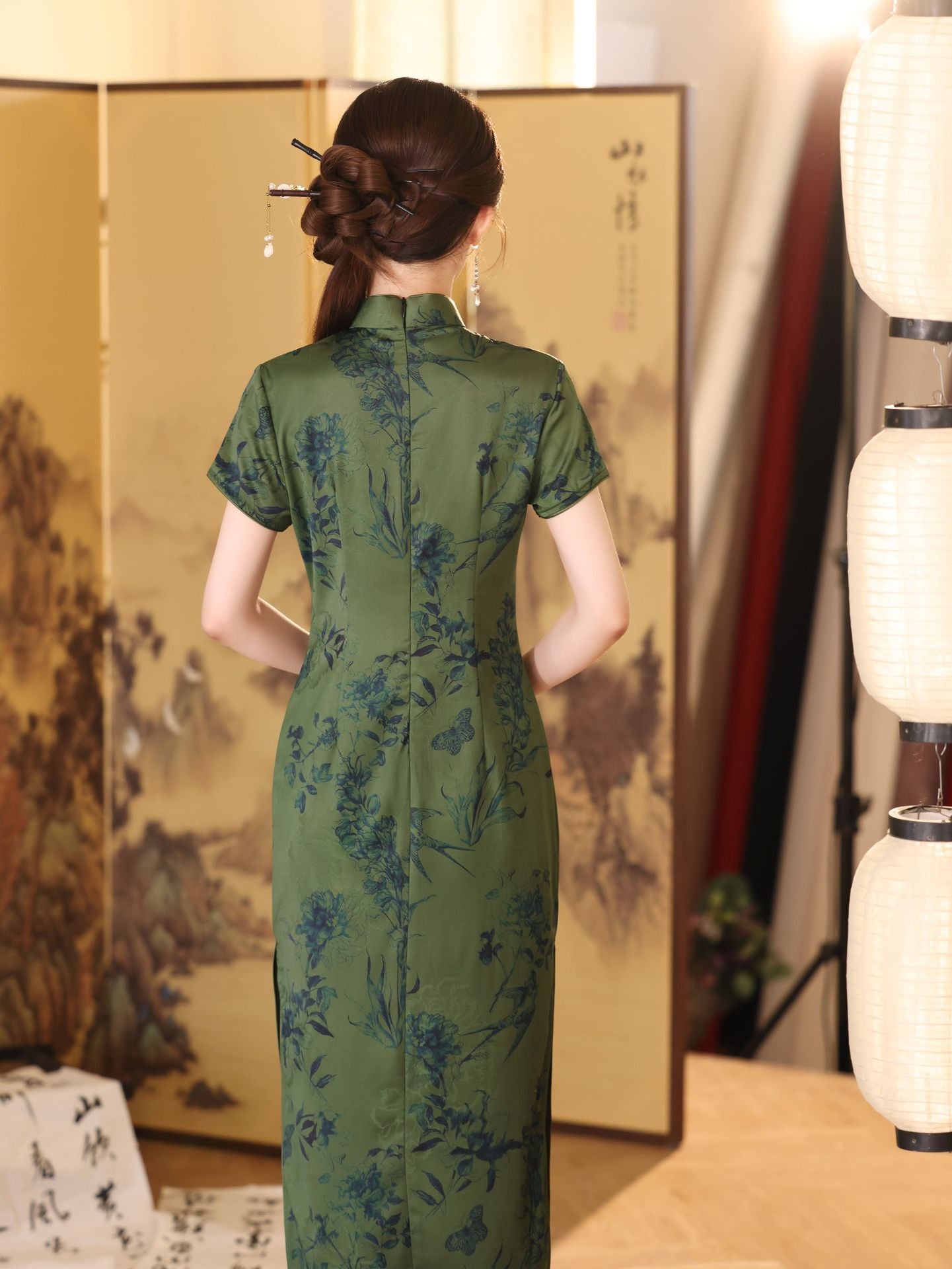 Summer Green Jacquard Qipao | Cap-Sleeve Long Vintage Dress