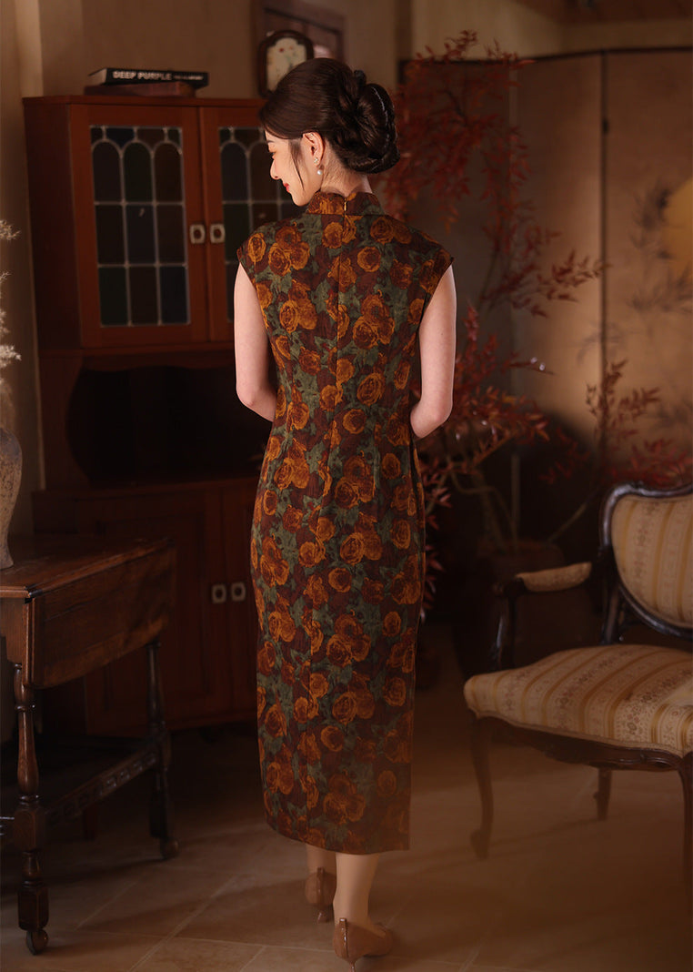 Vintage Floral Qipao Dress | Dark-Tone Slim Long Silhouette