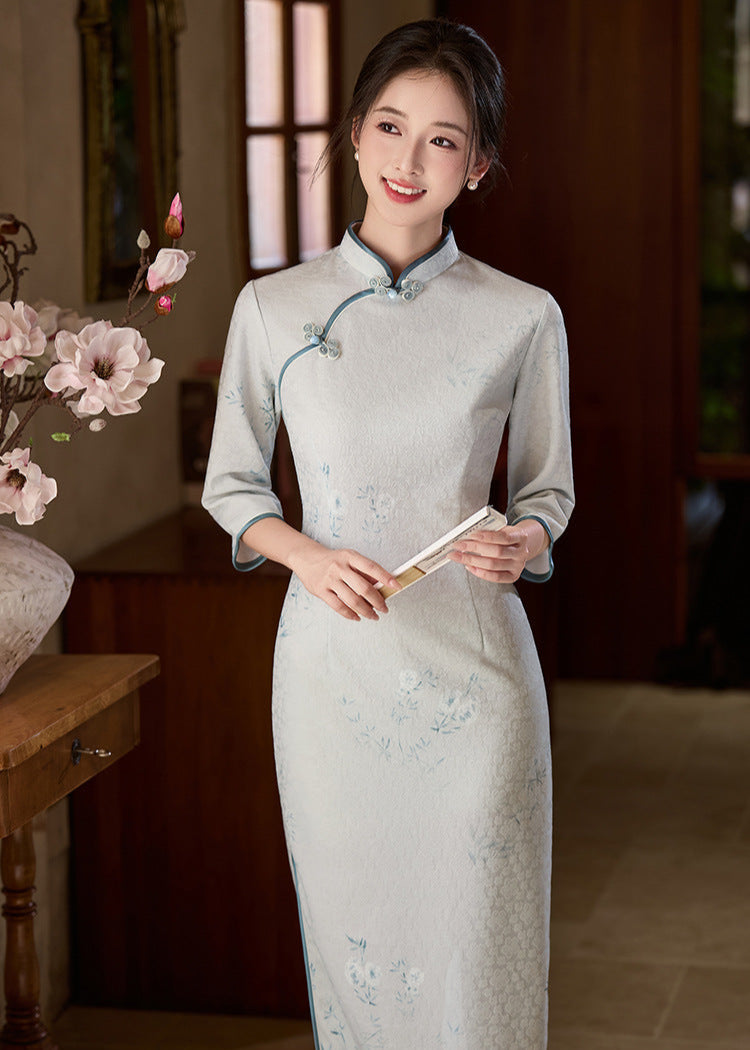 Ice-Blue Jacquard Qipao | 3/4 Sleeve Slim Long Dress