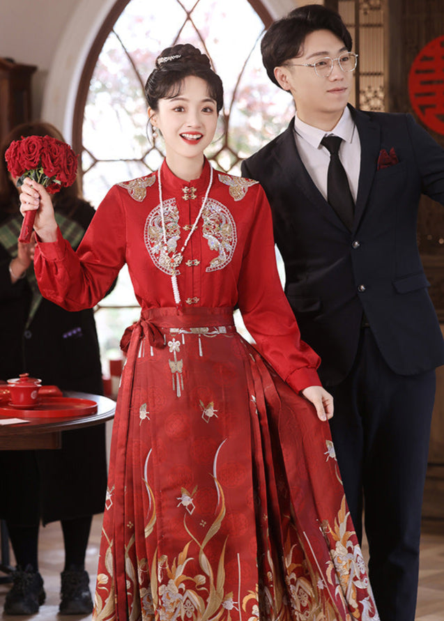 Red Mamianqun Bridal Toast Dress Set | Detachable Warm Cape