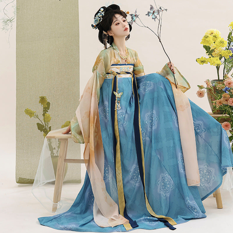 Traditional Chinese Hanfu Dress with Flowing Sleeves and Floral Embroidery