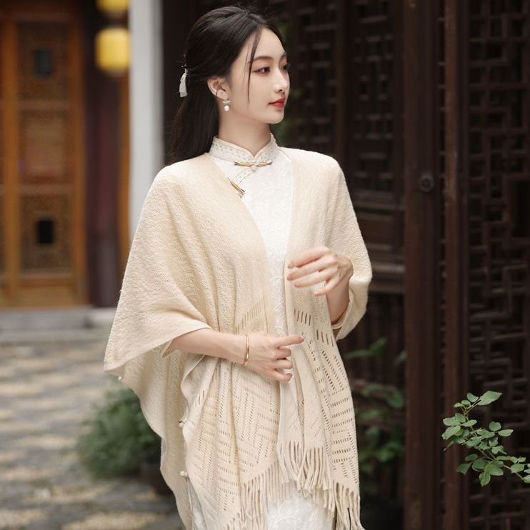Elegant Cream Fringe Hanfu Shawl Soft Knitted Wrap For Traditional Outfit Layering