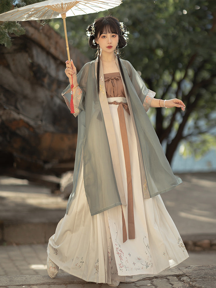 Green and Beige Song Dynasty Hanfu Dress with Floral Embroidery