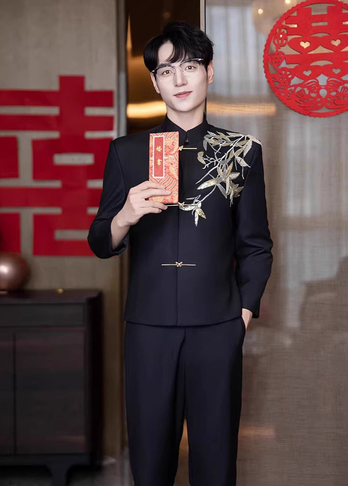 Men’s Black Bamboo Embroidery Zhongshan Suit