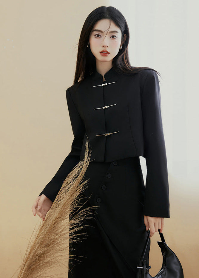 Black Modern Tang Suit Set | Mandarin-Collar Jacket & Slit Maxi Skirt for Early Spring