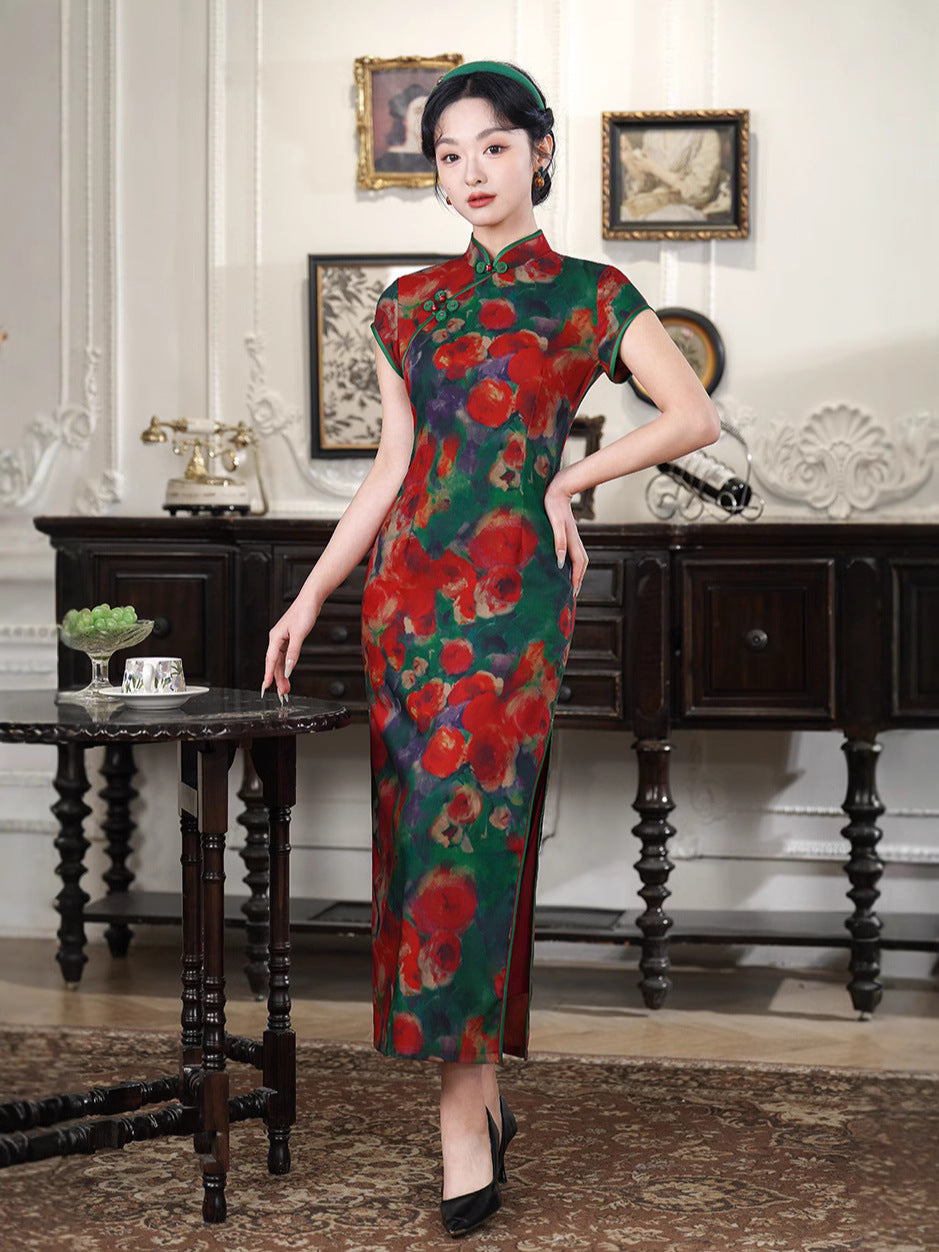Vintage Oil-Paint Floral Qipao Long Dress | Red-Green Palette