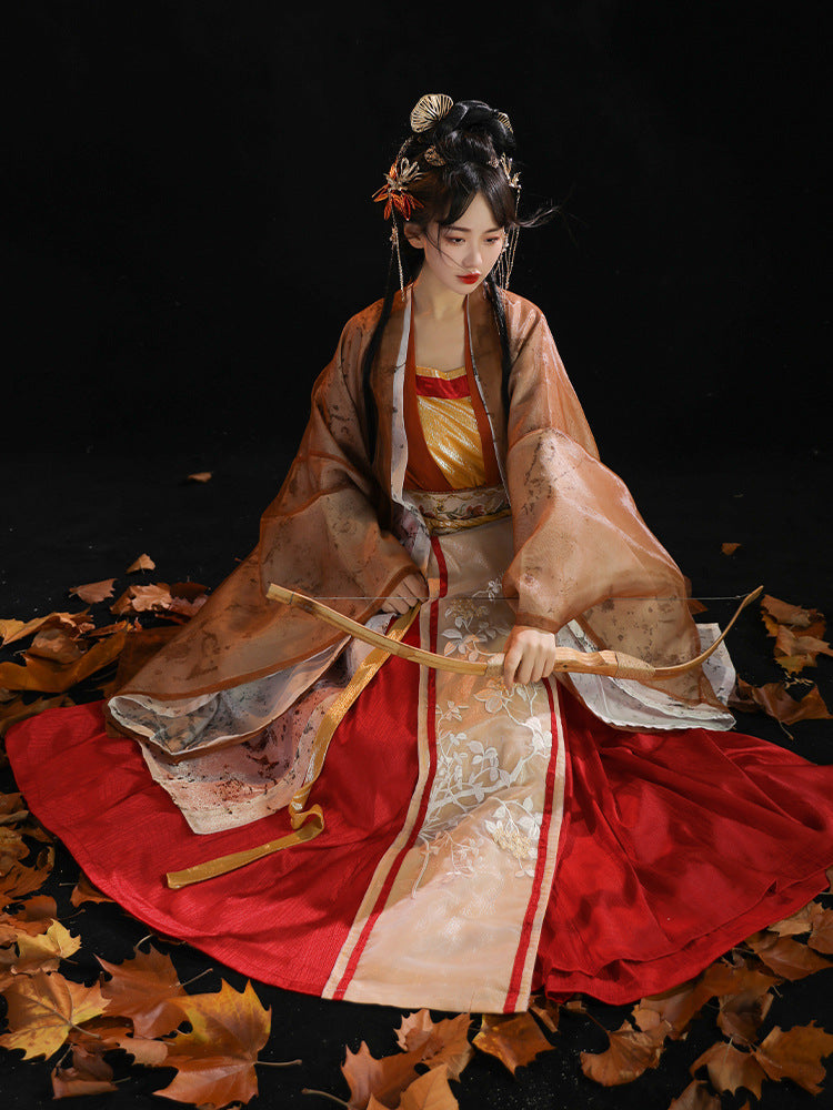 Elegant Tang Dynasty Hanfu Dress Set with Embroidered Cloak & Flowing Skirt