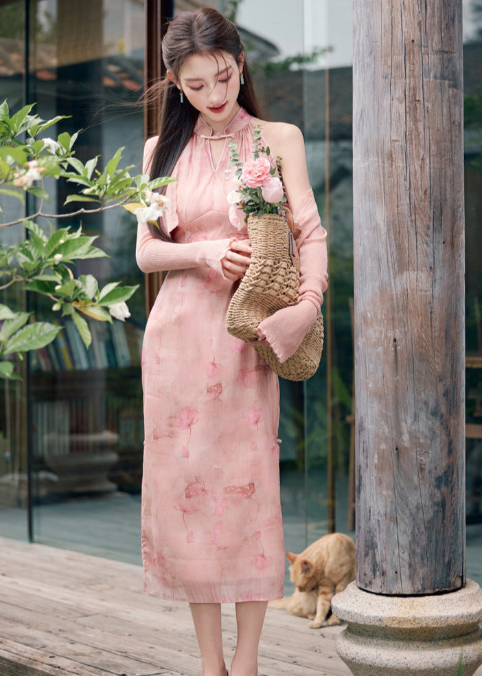 Chinese Style Pink Gradient Halter Cold-Shoulder Qipao Dress
