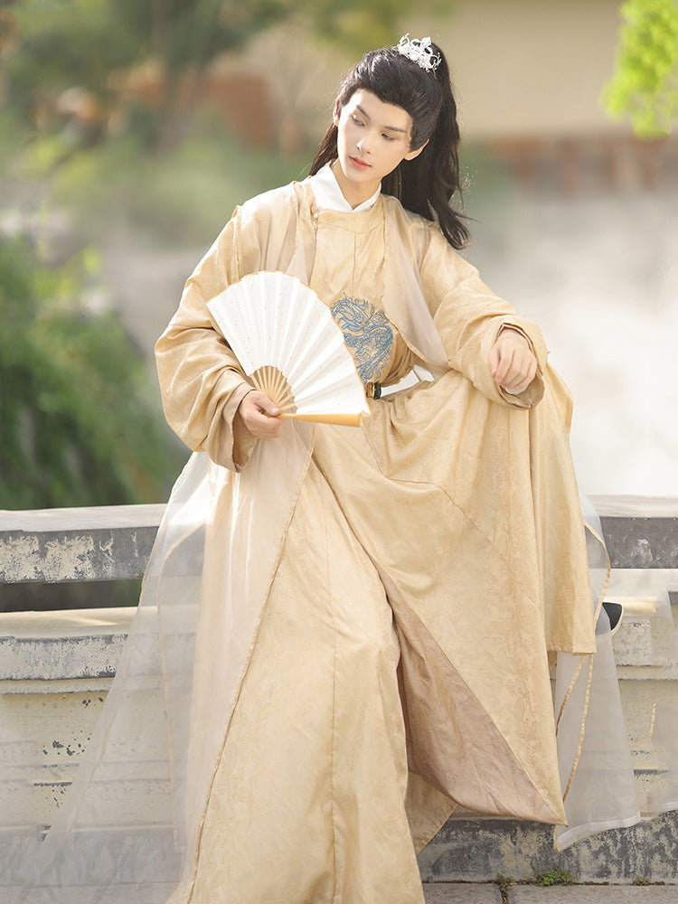 Men's Traditional Chinese Hanfu Robe – Golden Imperial Style Long Gown with Dragon Embroidery
