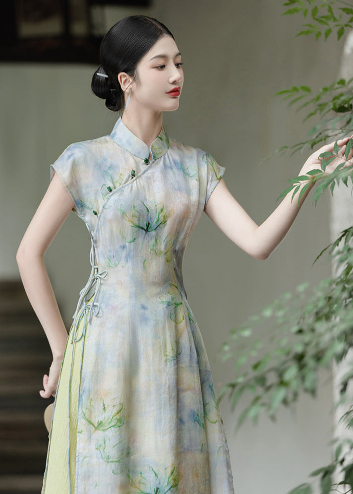 优雅花卉印花汉服两件套,带透明罩层