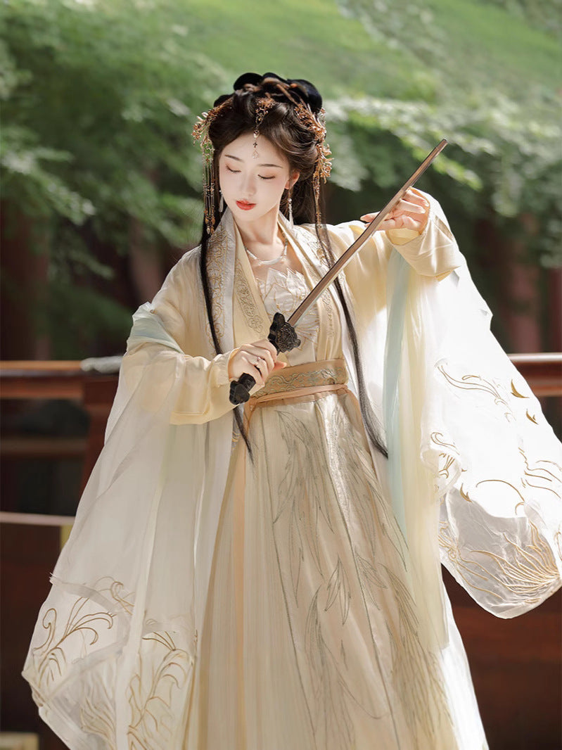 Elegant Flowing Song Dynasty Hanfu Dress with Embroidered Details