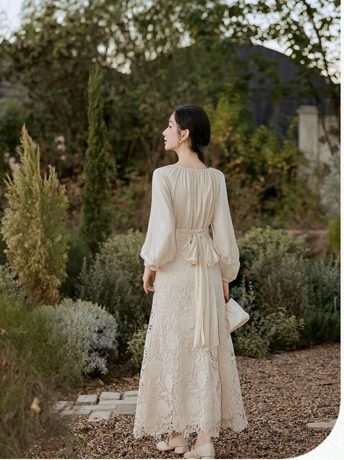 Lace Long Sleeve Dress with Belt, Elegant Women’s Floral Dress