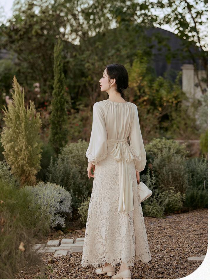 Lace Long Sleeve Dress with Belt, Elegant Women’s Floral Dress