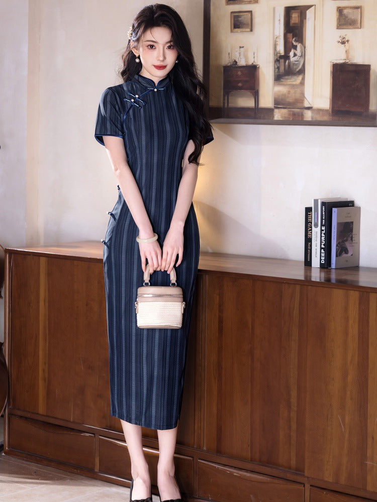 Navy Striped Qipao | Mandarin Collar Slim Midi Dress