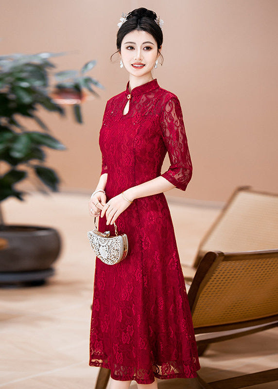 Red Plus Size Lace Mother Dress | Mandarin-Collar Tea-Length Gown