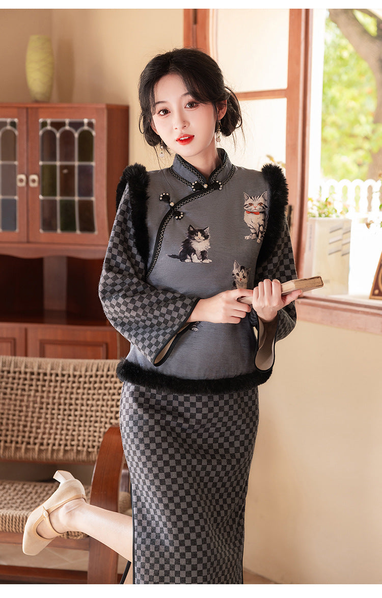 Chinese Style Checkered Pattern Dress Long Sleeve Cheongsam