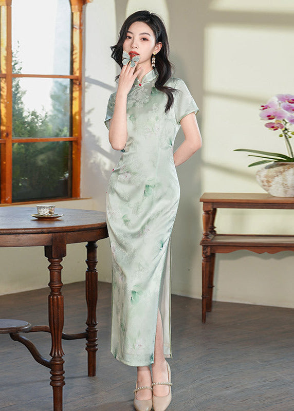 Light Green Vintage Qipao | Summer Short-Sleeve Floral Cheongsam
