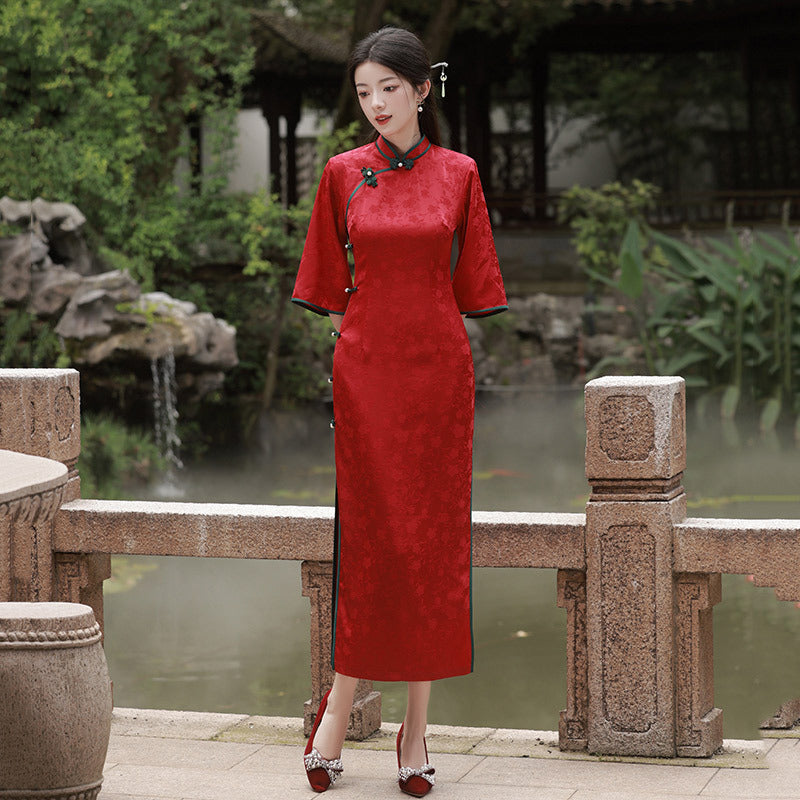 Elegant Red Floral Qipao Dress with Bell Sleeves