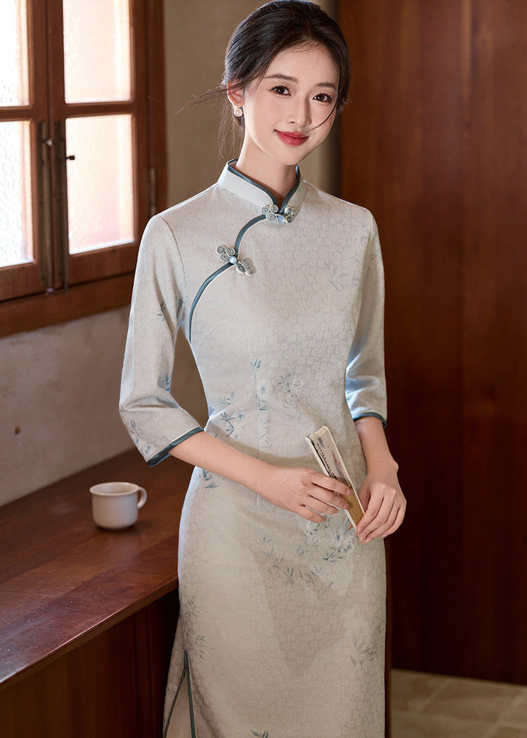 Ice-Blue Jacquard Qipao | 3/4 Sleeve Slim Long Dress