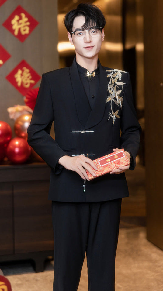 Summer Black Mandarin Collar Zhongshan Suit with Dragon for Wedding