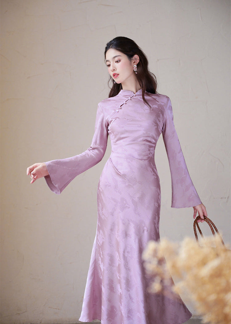 Modern Vintage-Inspired Purple Jacquard Satin Qipao | Mandarin Collar Long Sleeves