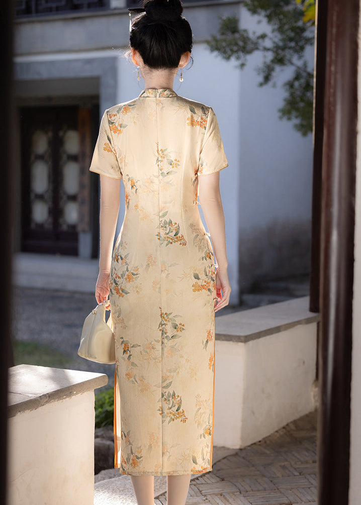 Elegant Light-Yellow Floral Qipao Dress
