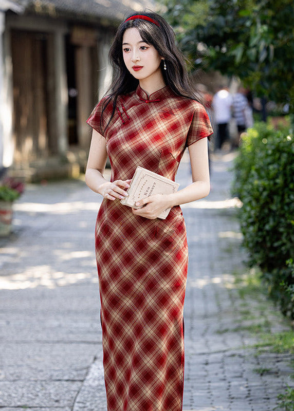 Vintage Red Plaid Qipao | Slim Mandarin Collar Maxi Dress