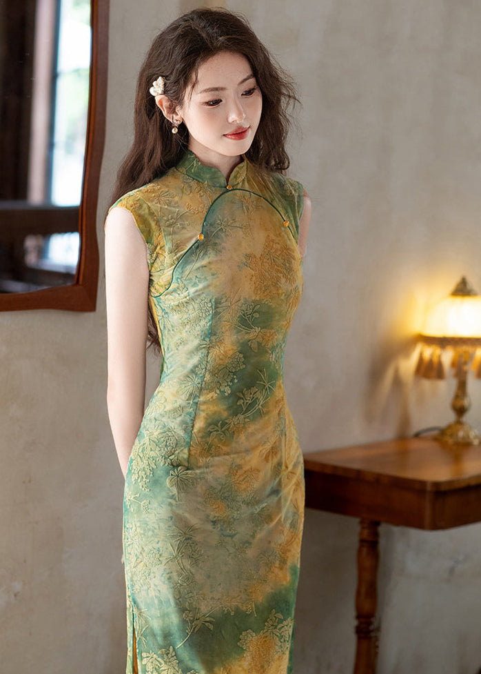 Vintage Yellow & Green Gradient Qipao Long Slim Dress