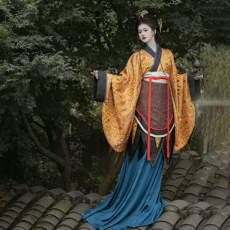 Traditional Hanfu Robe with Red and Blue Accent Belt - Elegant Chinese Ancient Costume