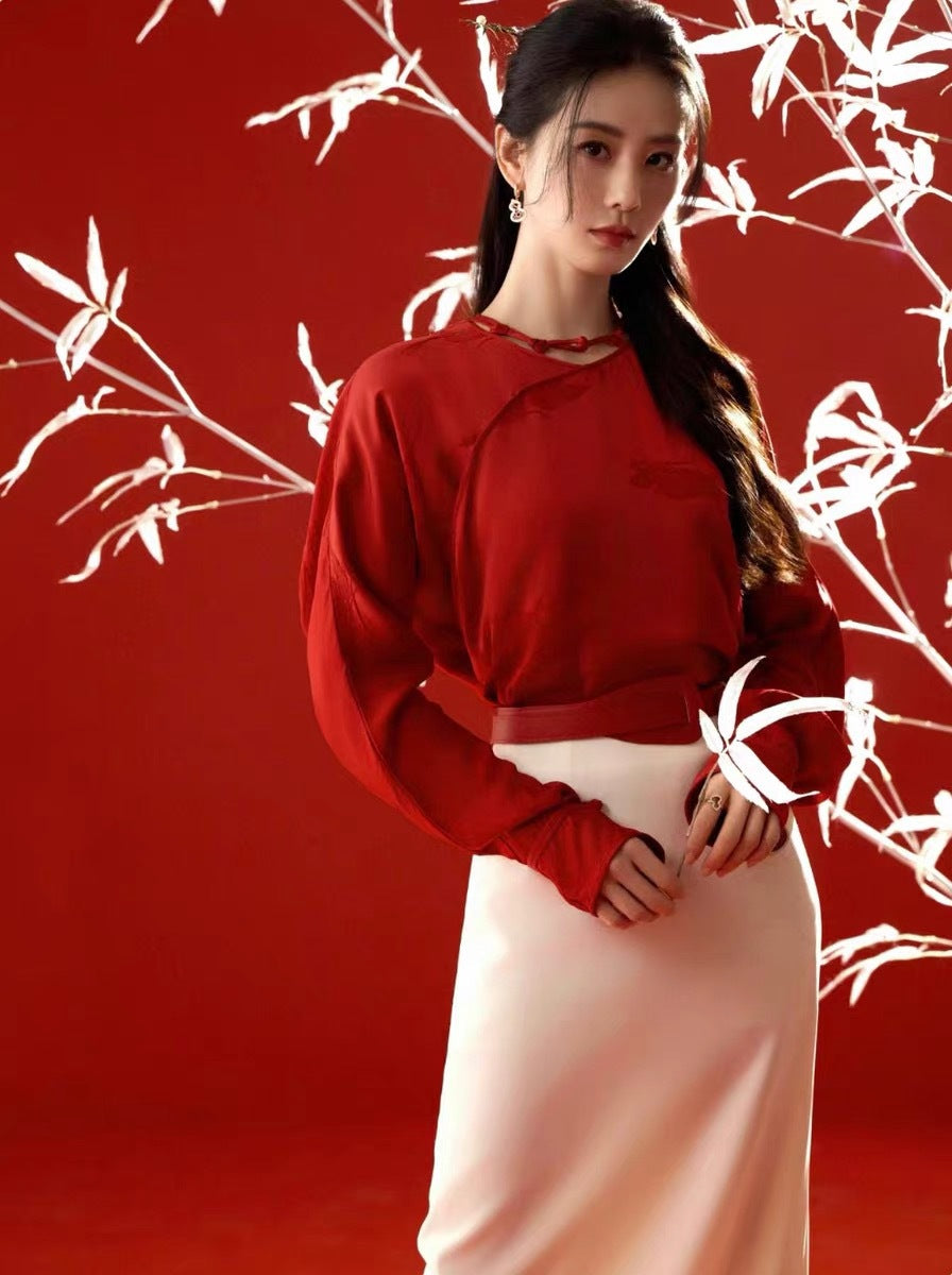 Red Blouse and White Skirt Modern Chinese Fashion Set for Wedding