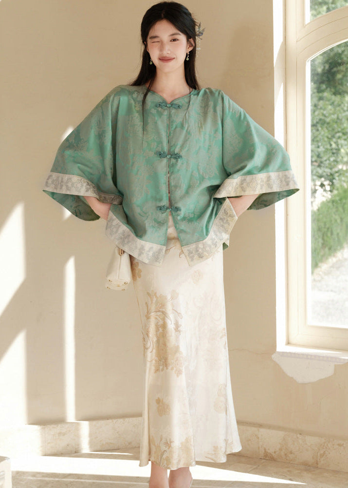 Modern Chinese Set | Brocade Frog-Button Cape Top & Maxi Skirt