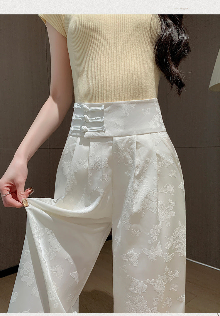 Chinese Style Ice Feel Jacquard Wide Leg Pants | High Waist Slim Fit Summer Trousers