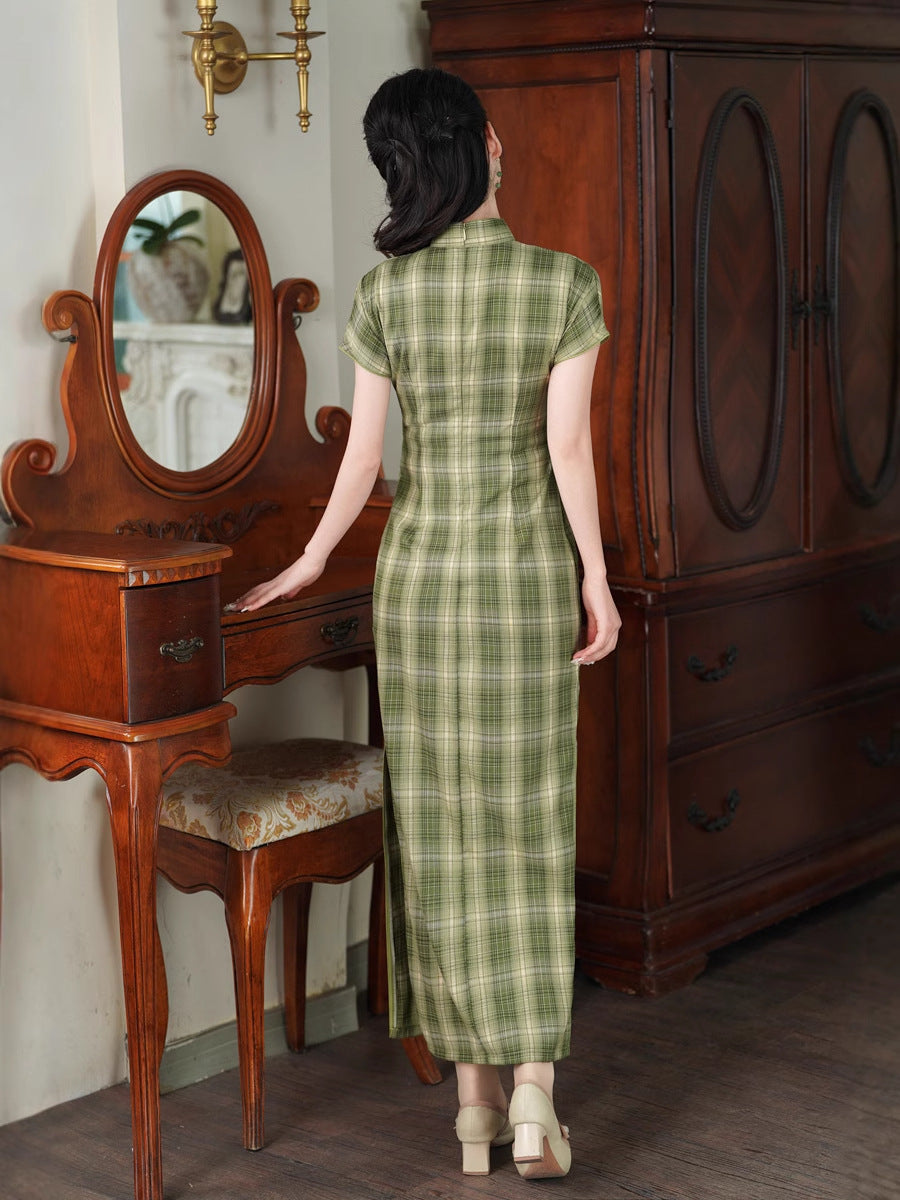 Spring TR Plaid Qipao Maxi Dress | Slim Vintage Chic