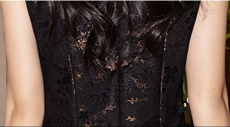 Black Gold Lace Embroidered Vintage Qipao Dress | High Waist Slim Fit Design